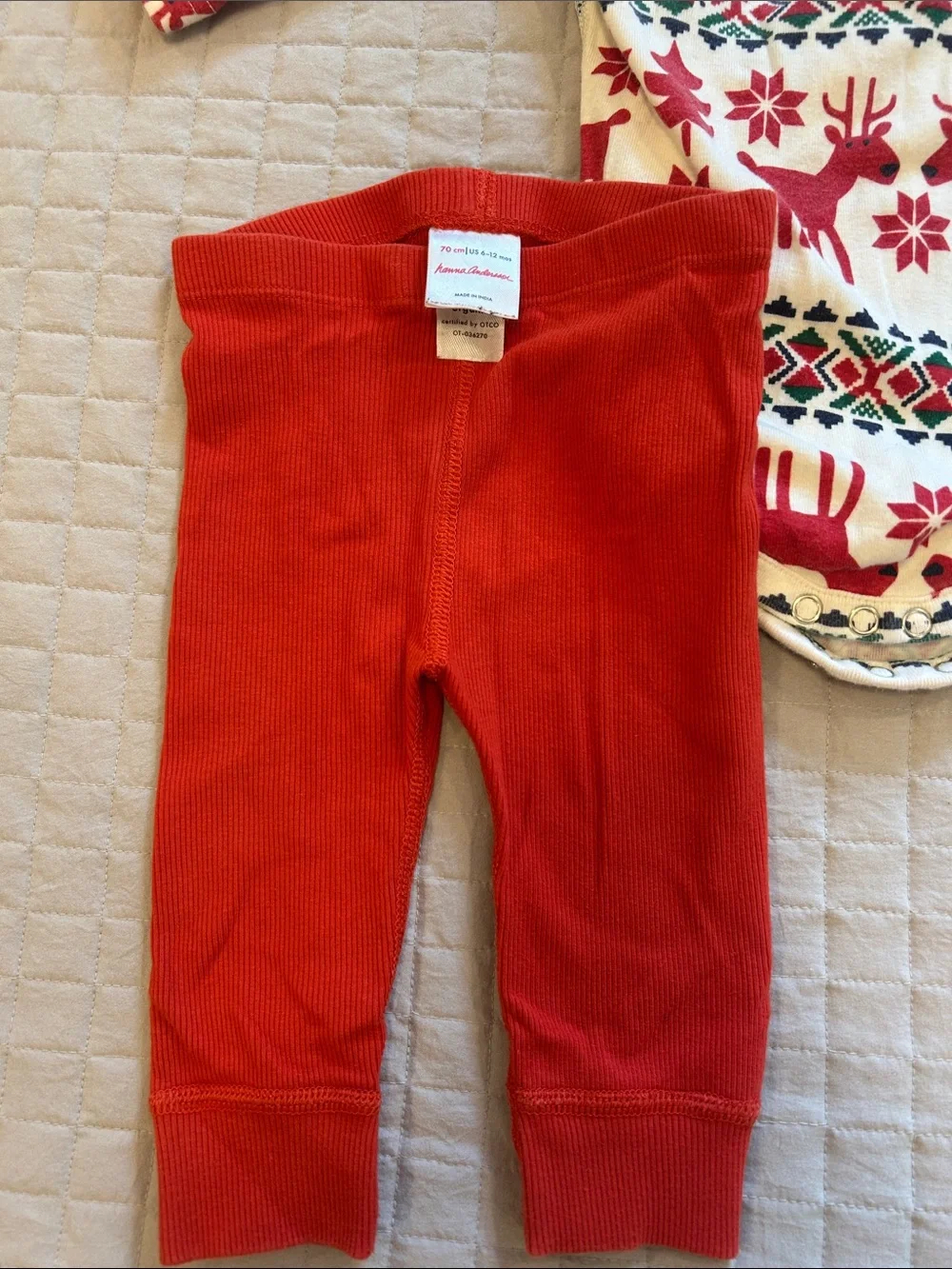 Hanna Anderson Holiday Reindeer Kimono Bodysuit with Red Ribbed Pants